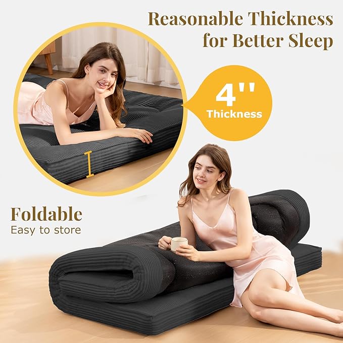 Japanese Floor Mattress, 4" Thicken Futon Mattress Queen Size Sleeping Pad, Corduroy Foldable Mattress Pad Roll Up Tatami Mat Floor Mattress for Adults（Grey）