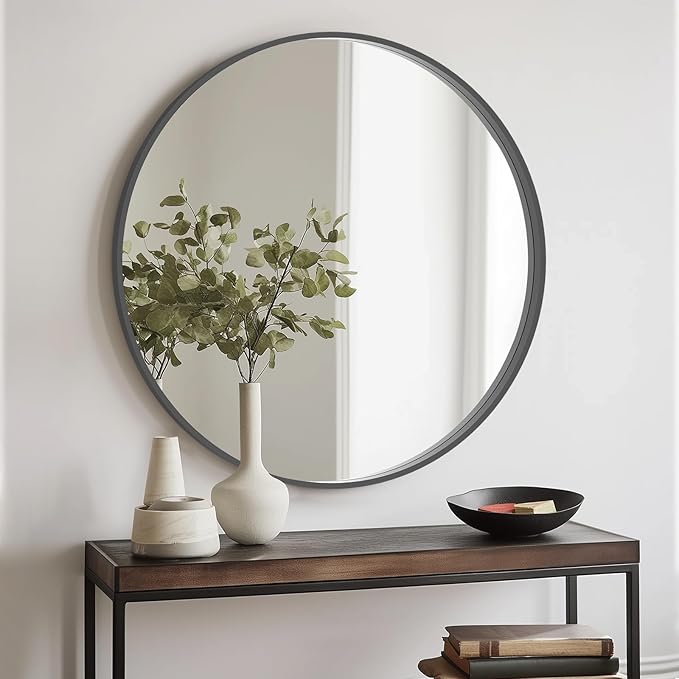 HOMECOOKIN Round Wood Mirror, 31" Round Bathroom Wall Mirror Circle Mirrors for Wall Decor, Vanity, Living Room, Bedroom, Entryway, Black