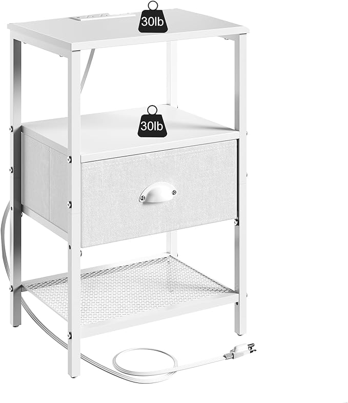 Sthmec Nightstands Set of 2, LED Bedside Tables with Charging Station and Fabric Drawer, Night Stand with Storage, 3 Tier Side Table with Open Shelf, LED Nightstand with Charging Station, White