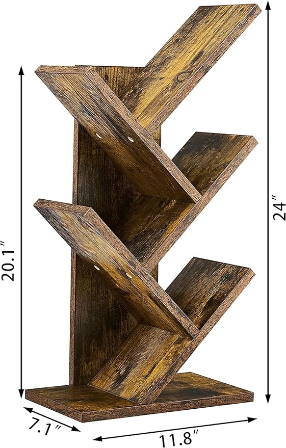 Hoctieon 4 Tier Tree Bookshelf, 4 Shelf Bookcase, Modern Book Storage, Free Standing Tree Bookcase, Utility Organizer Shelves for Home Office, Living Room, Bedroom, Rustic Brown