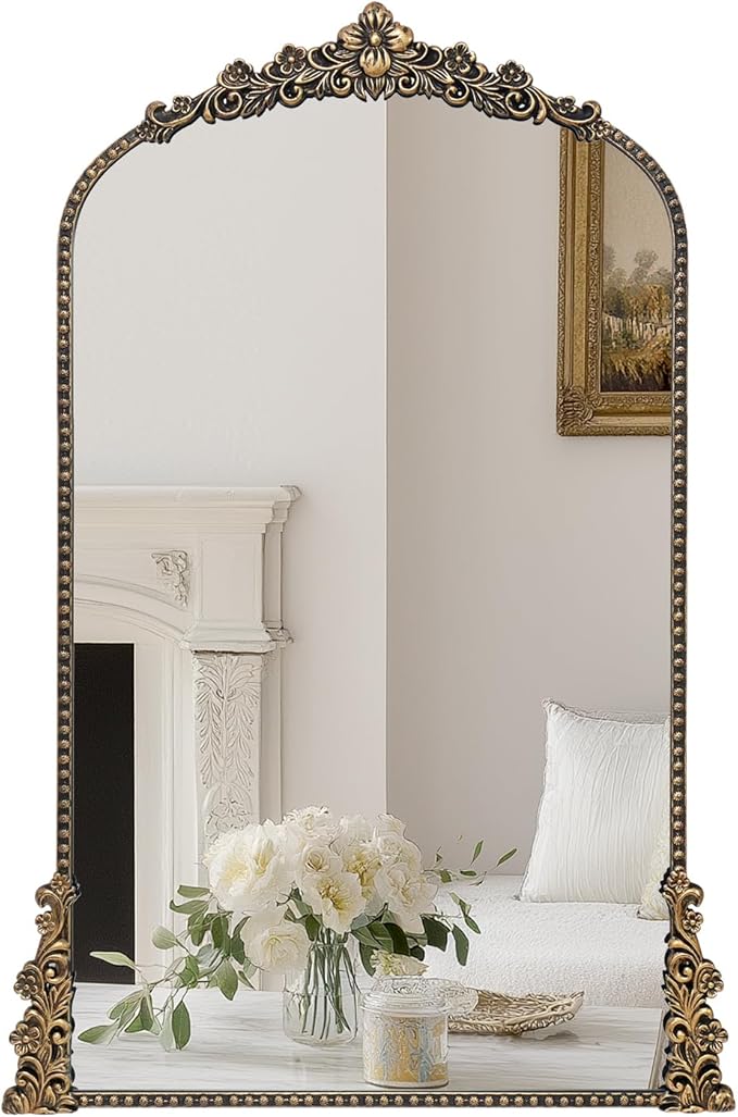 Vintage Arched Mirror, 24"x 42"Antique Baroque Mirror Style Metal Beaded Frame for Entryway Hallway Living Room,Vintage Black