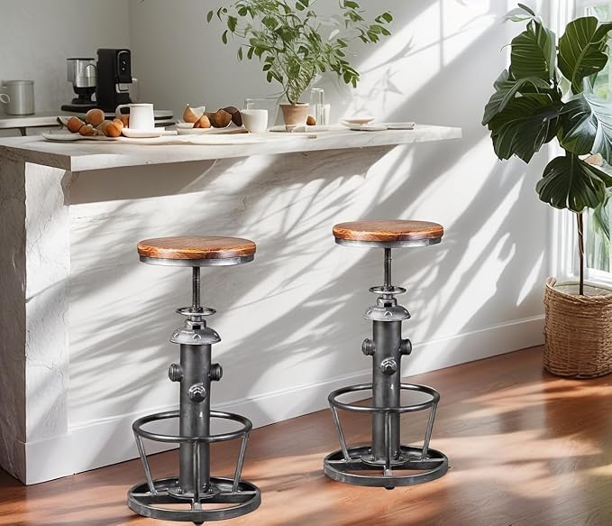 Swivel Bar Stool Industrial Coffee Kitchen Dining Chair Fire Hydrant Design Height Adjustable 24.8-30.7inch Wooden Seat