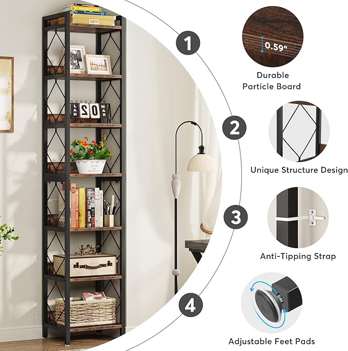 Tribesigns 78.7 Inch Extra Tall Narrow Bookshelf, 7-Tier Skinny Bookcase for Small Spaces, Freestanding Display Shelves, Multifunctional Corner Storage Organizer for Home Office, Rustic Brown