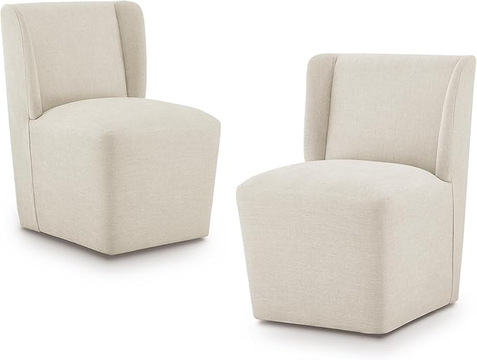 Upholstered Dining Chair with Casters Wingback Modern Side Armless Deskchair with Rollers for Diningroom Bedroom Livingroom Reading Room,Cream Beige,2 Box
