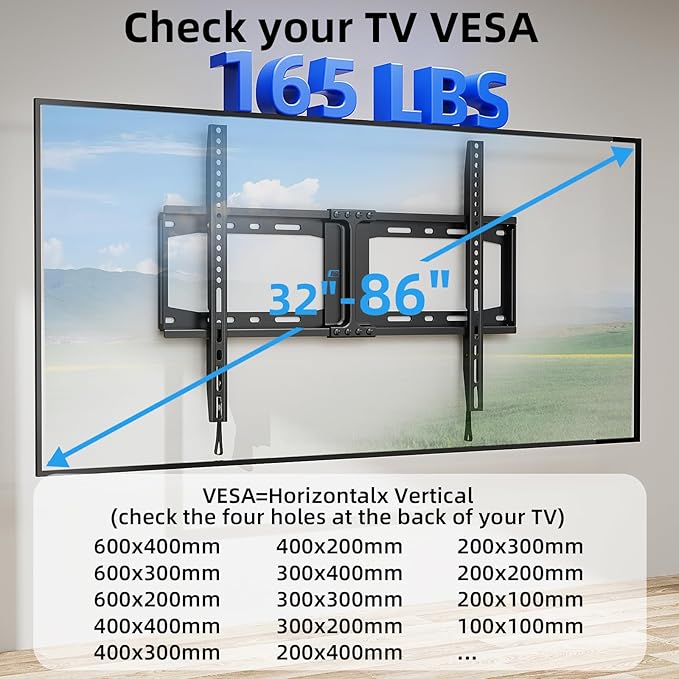HOME VISION Heavy Duty Fixed TV Wall Mount for Most 32-86 Inch Flat TVs, Max VESA 600X400mm up to 165lbs Fits 16/18/24 Inch Wood Studs, Universal Low Profile Wall Mount TV Bracket, Space Saving HV8601