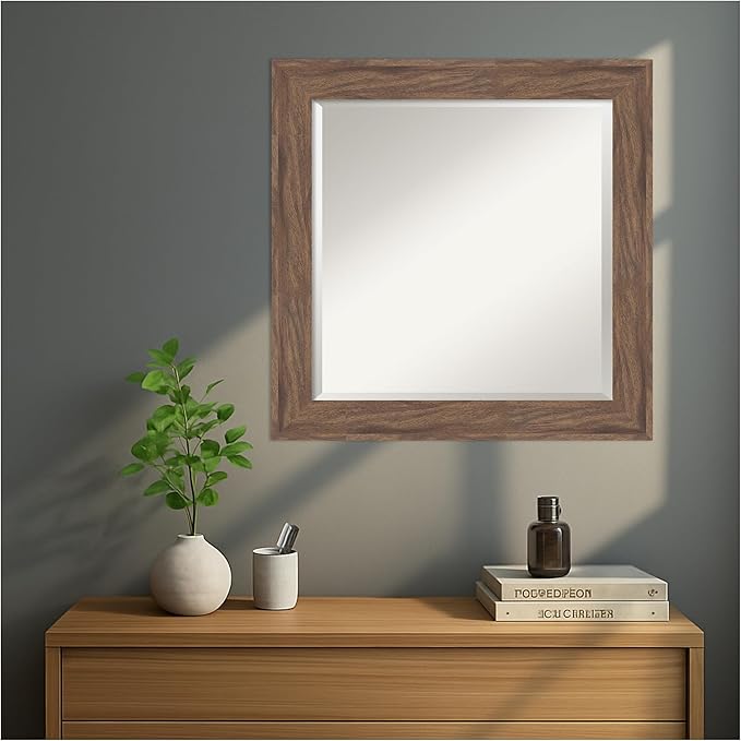 Amanti Art Brown Wall Mirror 25x25 Pia Medium Brown Square Bathroom Mirror for Wall Decor Living Room, Medium Casual Frame, Hangs Horizonally and Vertically, Bathroom Decor, Beveled Edge