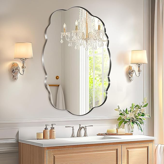 ANDY STAR Brushed Nickel Bathroom Mirror, 24x32 Inch Silver Asymmetrical Wall Mirror, Oval Bathroom Vanity Mirror, Unique Irregular Wall Mirror with Sophisticated Curved Design