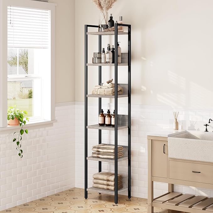Bookshelf, 6-Tier Bookcase, Standing Book Shelf for Small Space, Storage Shelf Organizer, for Living Room, Bedroom, Study, Balcony, Greige and Black BKHG6601