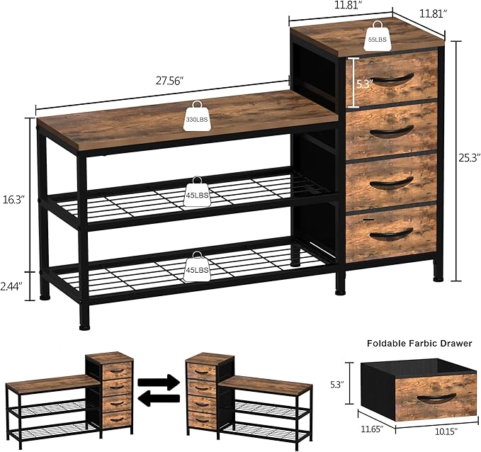 EXOTICA 3-Tier Shoe Storage Bench Industrial Entryway Shoe Rack with 4 Drawers and Seating Shoe Shelf Storage Cabinet for Hallway Front Door Doorway Living Room Mudroom Steel Frame