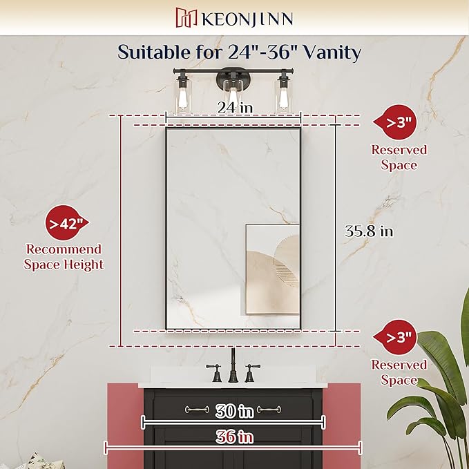 Keonjinn 24 x 36 In Brushed Nickel Bathroom Mirror, Rectangular Metal Framed Wall Vanity Mirror for Over Sink Square Corner Aluminum Alloy Modern Farmhouse Rectangle Silver Mirror(Horizontal/Vertical)