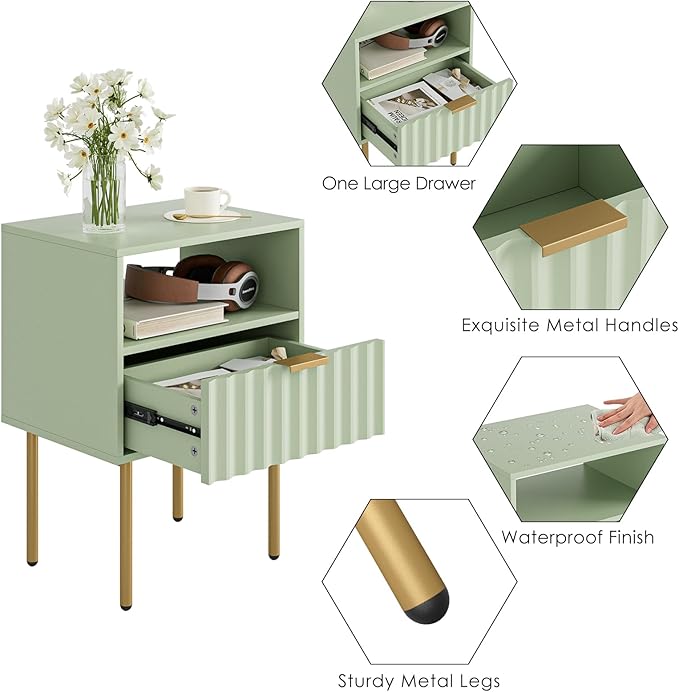 Nightstand,Modern Bedside Table with Gold Frame,Green Night Stand,Bedside Furniture, Modern Side Table with Drawer and Shelf for Bedroom,Living Room (Green)