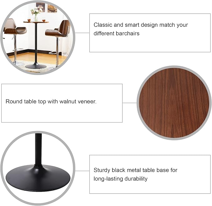 Glitzhome 39.5" H Round Pub Bistro Table, Round Bar Table Wood Top with Black Metal Leg and Base, Walnut Veneer Finish Cocktail Top Tall Table for Kitchen Island,Furniture (Walnut)