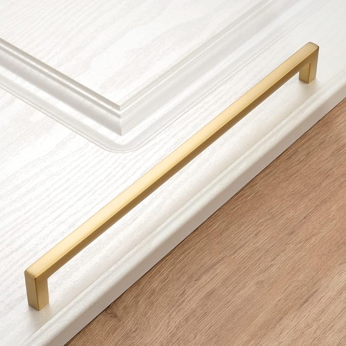 KOOFIZO Solid Square Bar Cabinet Handle - Brushed Gold Furniture Pull, 12.6 Inch/320mm Screwhole Distance, Pack of 5 for Kitchen Cupboard Door, Bedroom Dresser Drawer, Bathroom Wardrobe Hardware