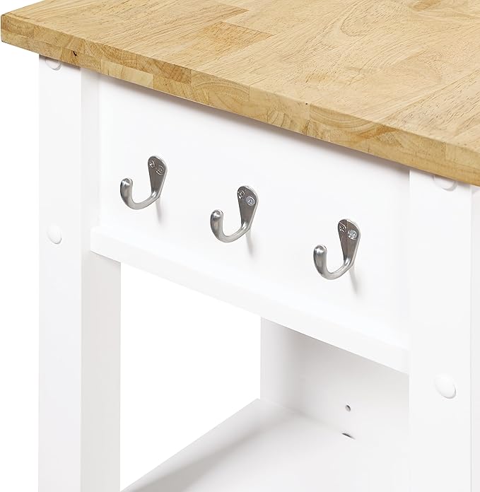 OSP Home Furnishings Derry Modern Farmhouse Kitchen Cart with Natural Butcher Block Top, Rolling Storage Cabinet with Drawer, Shelves, Hooks, White Finish