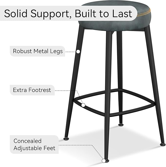 Counter Height Bar Stools, 26" H Backless Bar Stools Set of 4, Upholstered Faux Leather Kitchen Counter Stools, Mid Century Modern, Kitchen Island Home Bar, Pub, Black Blue