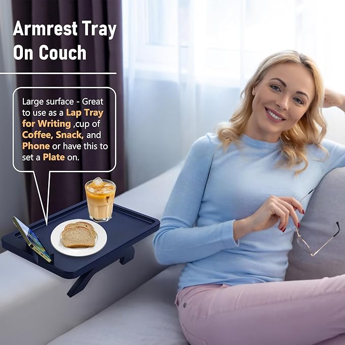 SINWANT Couch Armrest Table, Bamboo Couch Arm Table 360° Phone Holder,Foldable Sofa Arm Tray for Eating Drinking Snacks Remote on Chair Armrest