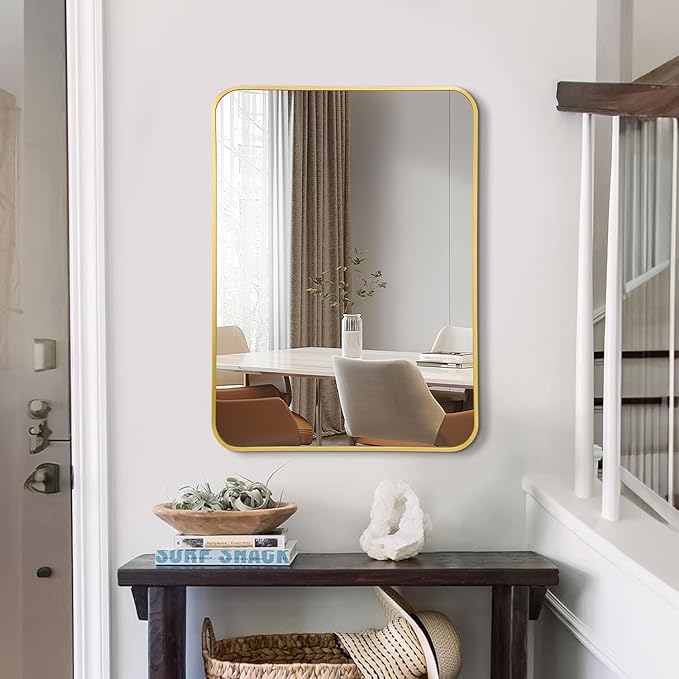 20x28 Rounded Rectangle Bathroom Mirrors for Over Sink, Gold Vanity Mirror with Metal Frame Wall Mounted, Modern Farmhouse Mirror for Restroom, Bedroom, Entryway Decor