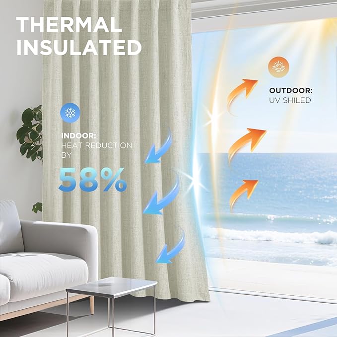 Joydeco 100% Blackout Curtains for Bedroom - Natural Linen Curtains 70" W x 108" L Long, Thermal Insulated 1 Panels Light Beige. Room Darkening Light Blocking Drapes for Living Room