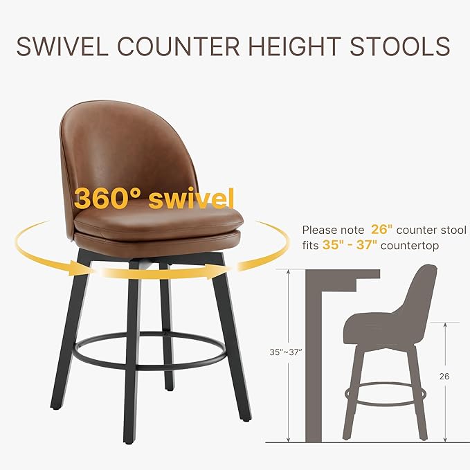 Counter Height Barstools 26 inch Upholstered Swivel Bar Stools with Back and Wood Legs for Kitchen Island,Set of 1,Brown PU Leather-Armless