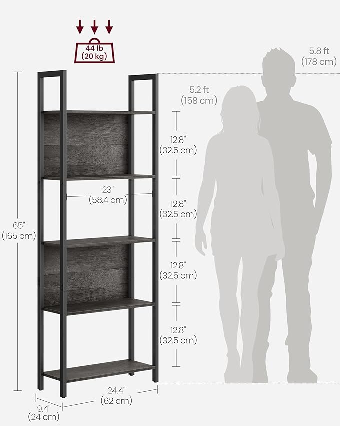 VASAGLE 5-Tier Bookshelf, Book Shelf, Industrial Bookcase, with Steel Frame, for Living Room, Home Office, Bedroom, 9.4 x 24.4 x 65 Inches, Charcoal Gray and Black ULLS025B04