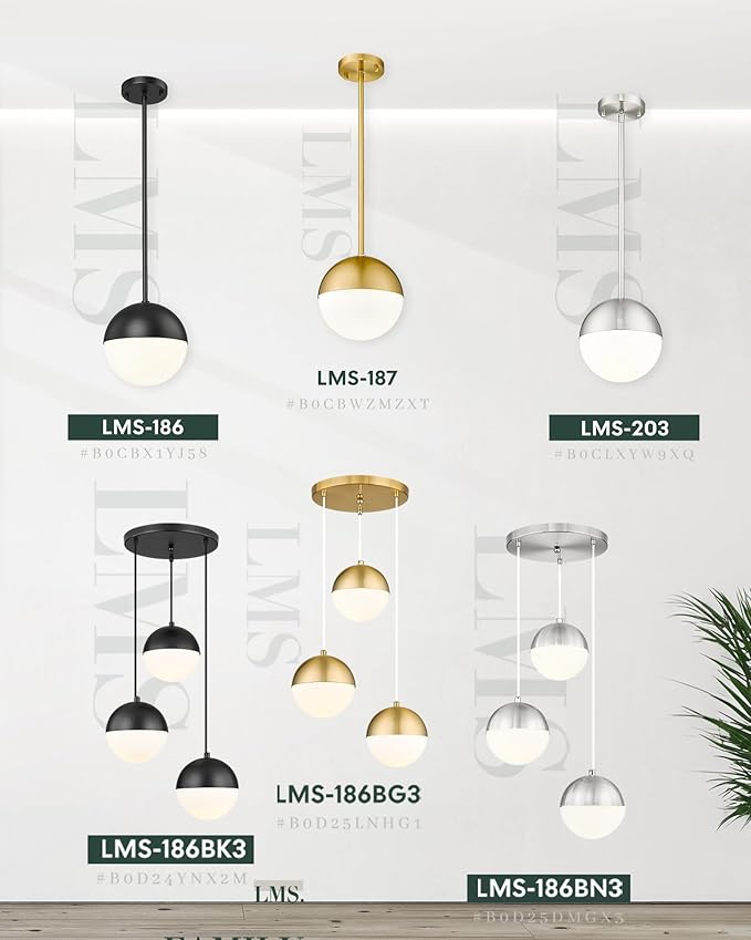 LMS Brushed Nickel Pendant Lights Kitchen Island, 8" Modern Globe Pendant Light Fixtures with Milk White Glass, Adjustable Hanging Lighting for Kitchen Island Sink Bedroom Bathroom, LMS-203