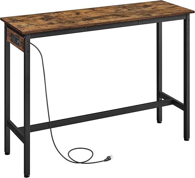 VASAGLE Bar Table, Narrow Long Kitchen Dining Table with Charging Station, Sturdy Metal Frame, Industrial, 15.7 x 47.2 x 35.4 Inches, Rustic Brown and Ink Black ULBT121K01