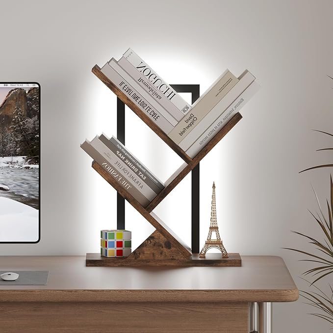 Tree Bookshelf with LED Lights, 3 Tier Floor Standing Bookcase, Classical Corner Shelf Kids Bookshelf, Tall Wood Book Storage for Bedroom, Living Room, Home Office, Brown