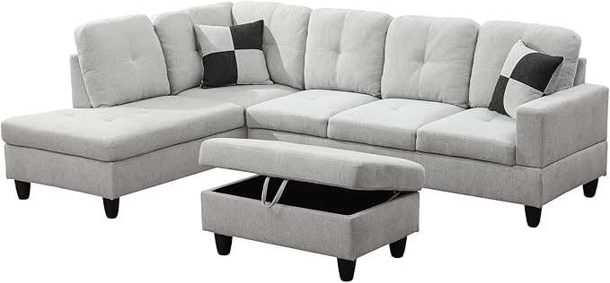 L Shaped Couch Modern Sectional Couch Upholstered Flannel Fabric 3 Pieces Sofas for Living Room with Chaise, Storage Ottoman for Office and Small Apartment, Light Grey