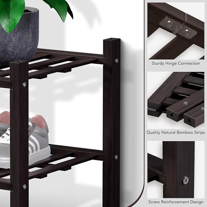 Haddockway Large 2 Tier Bamboo Shoe Rack Storage Organizer, Multifunctional Free Standing Stackable Shoe Shelf with Grid Panel for Closet,Hallway,Entryway,Small Space 27"x12"x14"(Brown, 2-Tier(Large))
