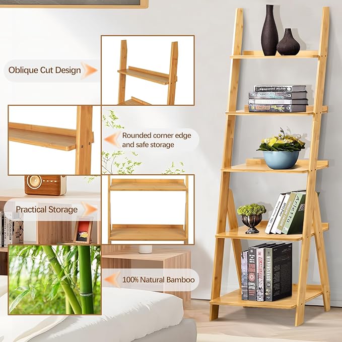 DOUSY- 5-Tier Bamboo Ladder Shelf Ladder Bookshelf Plant & Flower Stand Bookcase, Freestanding Storage Rack Organizer Display Shelf for Living Room, Home Office, Bedroom, Balcony, Natural Wood