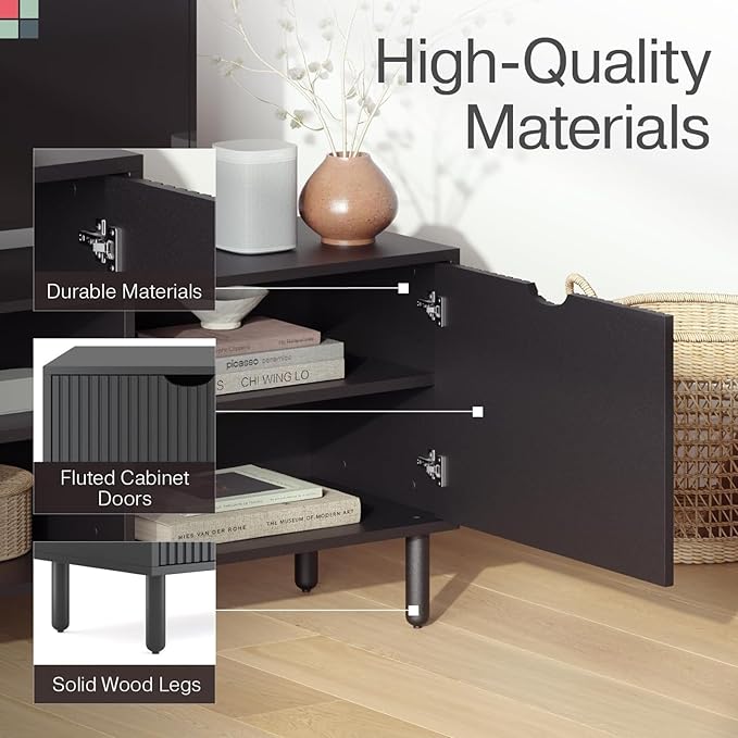 Fluted TV Stand - 70-Inch Fluted Black Wood - TV Console Table & Entertainment Center with Storage - Soft-Close Doors, Adjustable Shelves & Cable Management