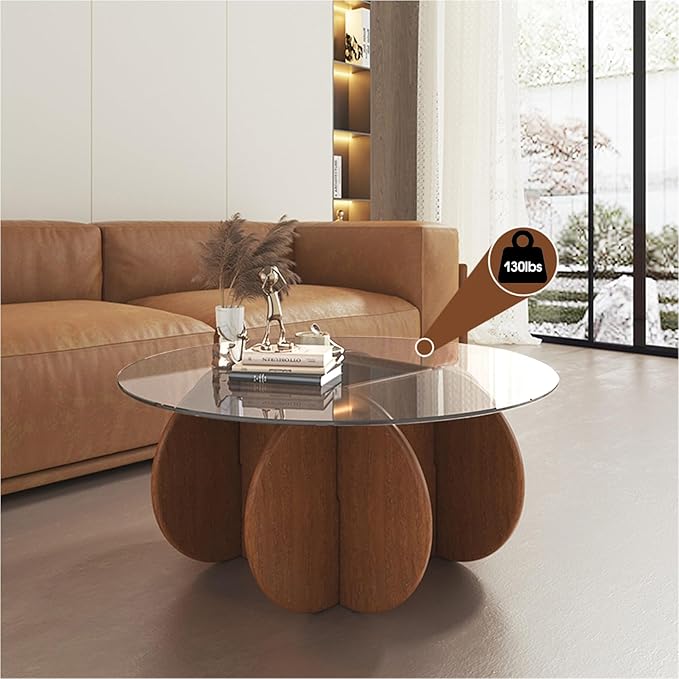 Glass Coffee Tables for Living Room Modern Elegant Round Coffee Table Mid Century Farmhouse Center Table with Solid Wood Frame and Tempered Glass Tabletop, Easy Assembly,31.5''