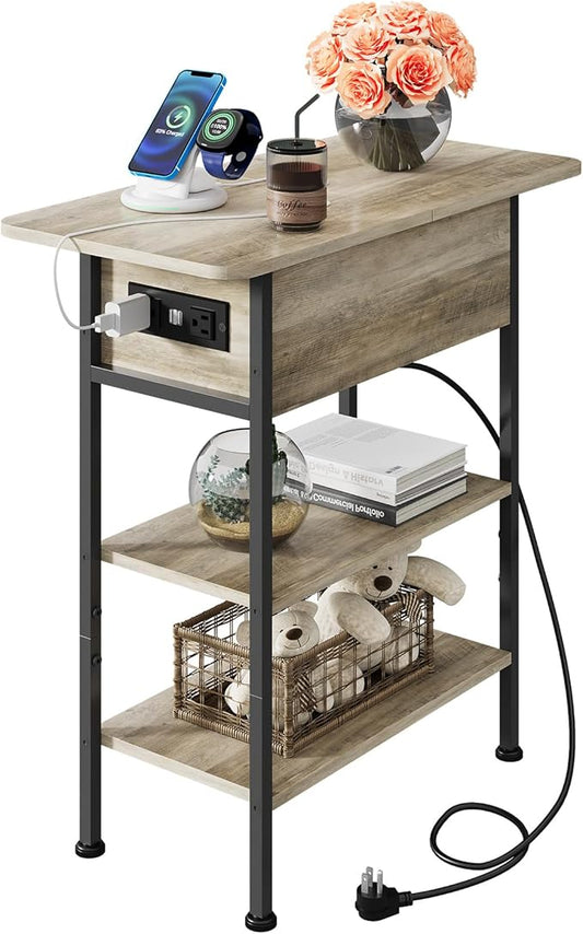 WLIVE End Table with Charging Station, Flip Top Side Table with Storage Shelf, Narrow Bedside Table for Living Room, Sofa Couch Table with USB Ports and Outlets, Bedroom Nightstand, Greige