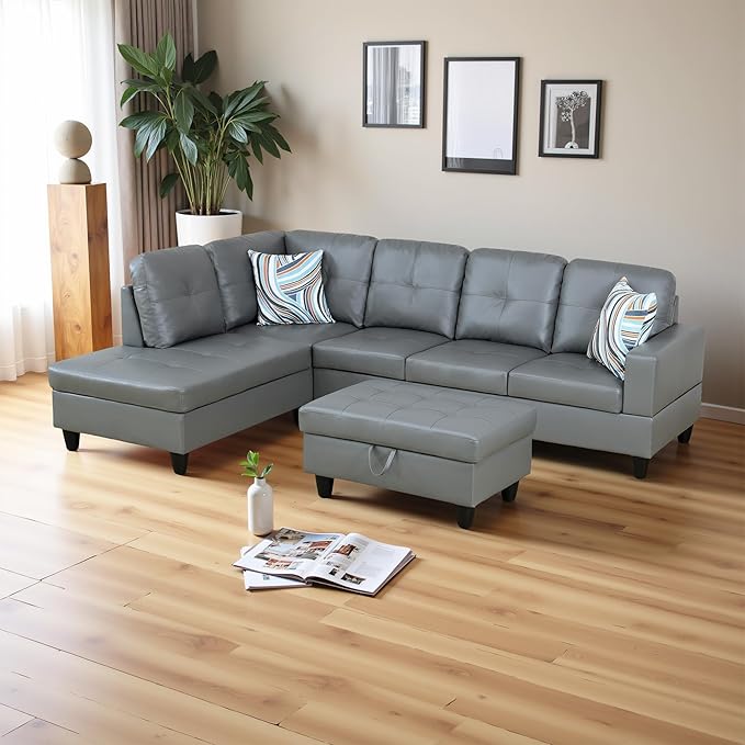 Osparple L Shaped Couch PU Leather Sectional Couches for Living Room Upholstered 3 Pieces Modular Sectional Sofa with Chaise, Ottoman with Storage for Living Room and Small Apartment, Dark Grey