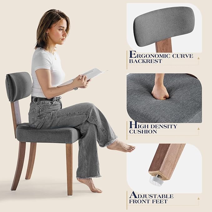 Mid Century Modern Dining Chairs Set of 4, Linen Upholstered Kitchen Chairs with Curved Backrest & Adjustable Legs for Living Room/Lounge, Easy to Install, Grey Linen