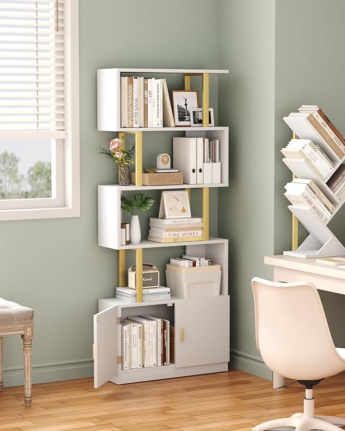 Yusong Geometric Bookcase with Cabinet, S Shaped Bookshelf 5-Tier Book Shelves for Bedroom, Modern Wood Decorative Display Shelf Tall Book Case for Home Office, Gold and White