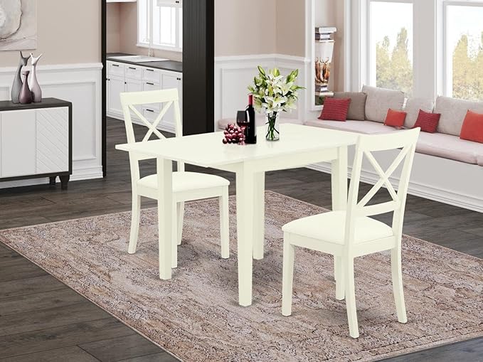 East West Furniture NDBO3-LWH-LC 3 Piece Dining Room Table Set Contains a Rectangle Dining Table with Dropleaf and 2 Faux Leather Upholstered Chairs, 30x48 Inch, Linen White