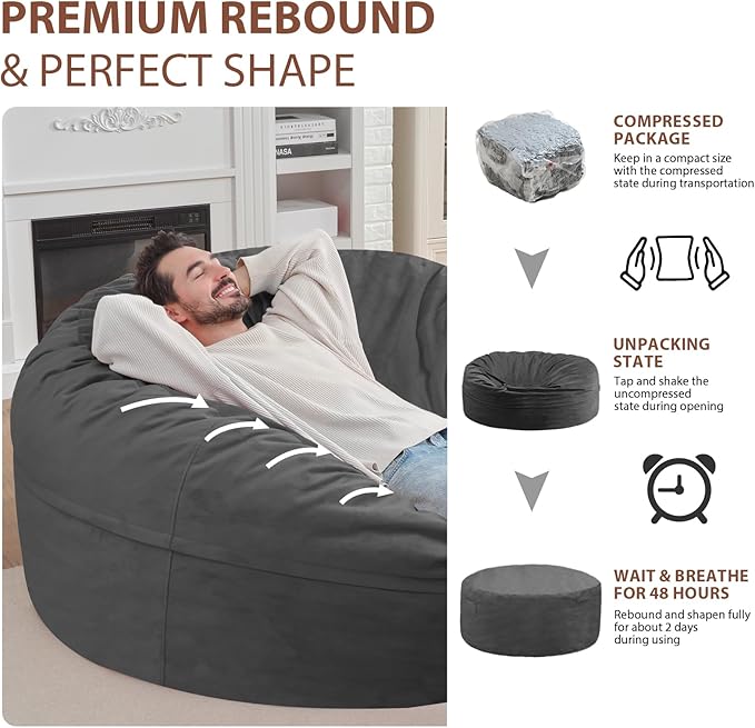 6FT Bean Bag Chair, Large Bean Bag Chairs with Memory Foam Filled, Fluffy Beanbag Sofa with Dutch Velvet Cover, Round BeanBag Chairs for Living Room, Playroom - Grey