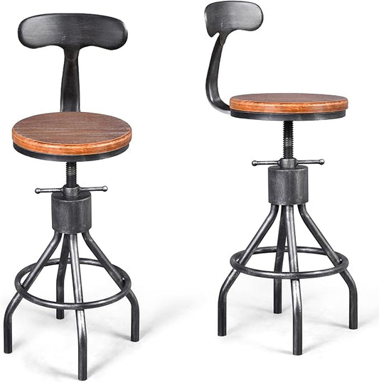 LOKKHAN Set of 2 Rustic Industrial Bar Stool-24-30 Adjustable Metal Swivel Wooden Top Barstools-Counter Height Extra Tall Bar Height-Vintage Farmhouse Kitchen Breakfast Cafe Stool-with Backrest