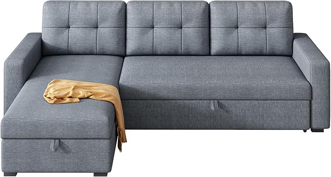 Ball & Cast L-Shape Reversible Sectional Sleeper Sofa Bed,Linen Upholstered 4 in 1 Pull Out Couch with Storage Chaise & Removable Back Cushions,Convertible Corner Sectionals for Living Room,Office