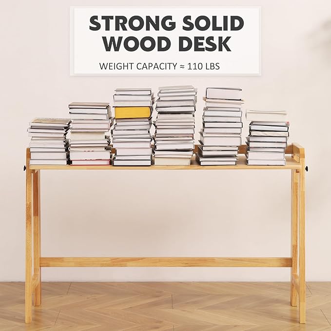 Solid Wood Folding Desk Mid Century Modern Table, 47'' Foldable Writing Computer Desk for Home Office, Simple Study Makeup Workstation, Wooden Study Office Desk Table for Small Spaces, Natural Color