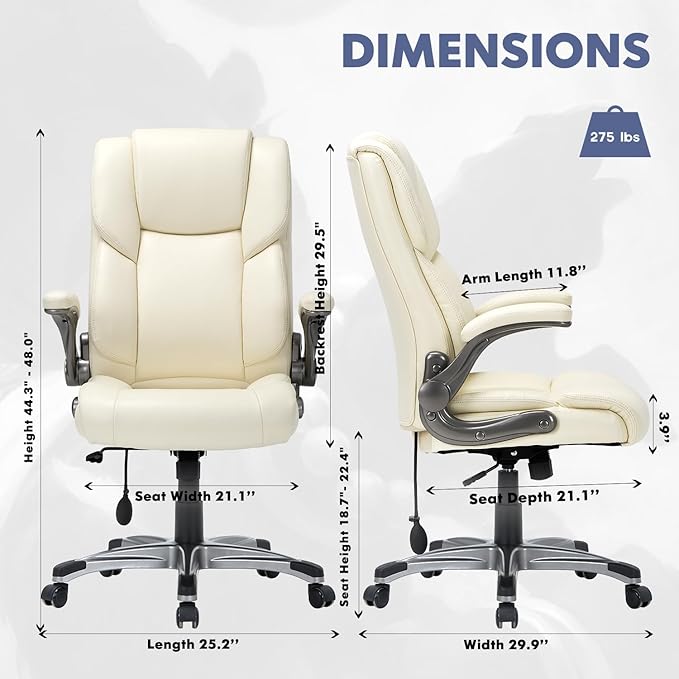 COLAMY High Back Executive Office Chair- Ergonomic Home Computer Desk Leather Chair with Padded Flip-up Arms, Adjustable Tilt Lock, Swivel Rolling Chair for Adult Working Study-Ivory