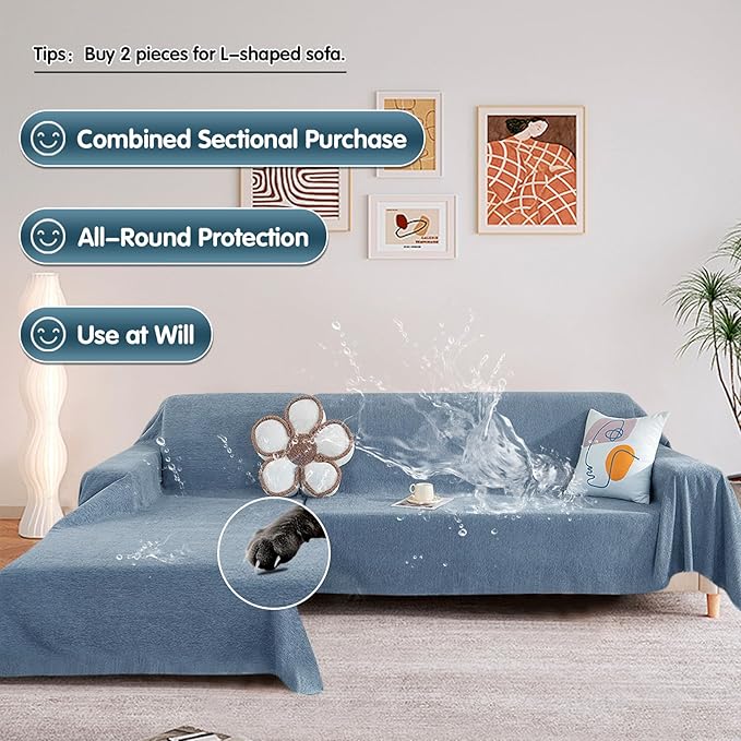 STACYPIK Blue Waterproof Sofa Cover, Anti-Slip Couch Covers for Pets, Anti-Scratch Furniture Protector for 2 Cushion Couch, Washable Leakproof Loveseat Cover for Sectional, Sofa Slipcover-71 x118IN