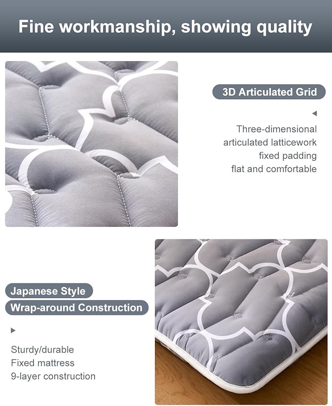 6th Generation Japanese Floor Futon Mattress - Extra-Thick 9-Layer Modern Futon with 100% High-Density Foam, Portable Floor Mattress Sleeping Pad for Adults, Guest Room, Dormitory,Single Size(25"X75")