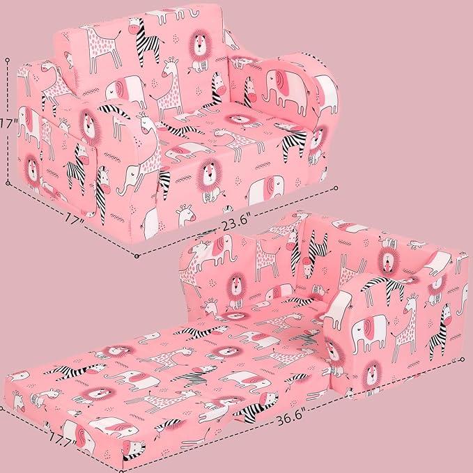 Pink Kids Sofa, 2-in-1 Kids Couch Fold Out, Convertible Sofa to Bed for Girls and Boys