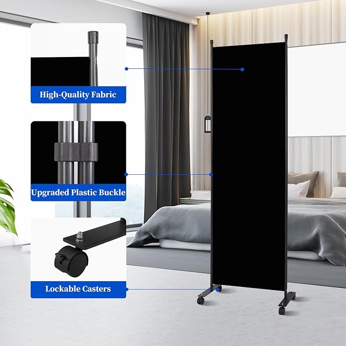 Room Divider 6FT Room Partition with Lockable Wheels, (Thicked Metal Base) Room Dividers, Freestanding Indoor Folding Privacy Screens, Portable Fabric Wall Divider for Room Separation, Black