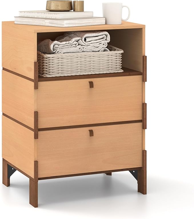 Sebastack End Table, Customizable 3 Drawers Bedside Table, Night Stand, Side Table for Bedroom, Dormitory, Mid-Century Style Wood Chest of Furnitures, 27.8 inch Tall Beech Color