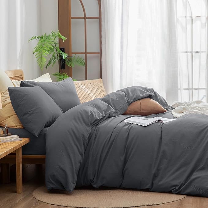 BESTOUCH Duvet Cover Set 100% Washed Cotton Linen Feel Super Soft Comfortable Chic Lightweight 3 PCs Home Bedding Set Solid Quiet Shade Grey Oversized Full