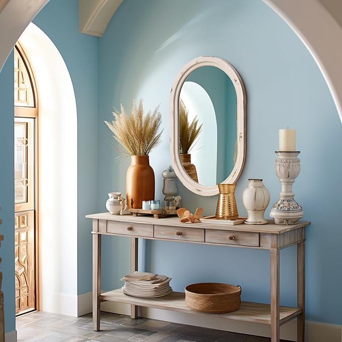 sawsile 20x30'' Rustic Oval Wood Mirror,Decorative Farmhouse Oval Mirrors,Vanity White Mirrors for Bedroom, Bathroom, Living Room,or Entryway