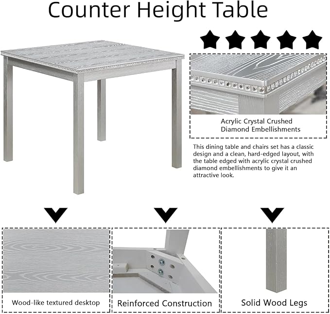 Dining Table Set for 4, 5-Piece Dining Room Table Set with Square Crystal Decoration Table & 4 Upholstered Backrest Chairs, Counter Height Kitchen Sets with Faux Wood Grain Design, Silver Gray